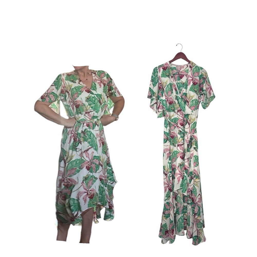Elaine rose tropical floral wrap dress ruffle flower print large